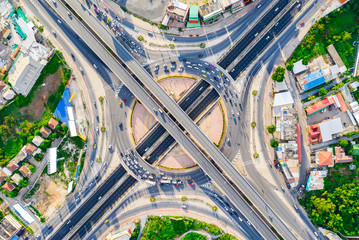 Aerial view Expressway motorway highway circus intersection at Day time Top view , Road traffic in...