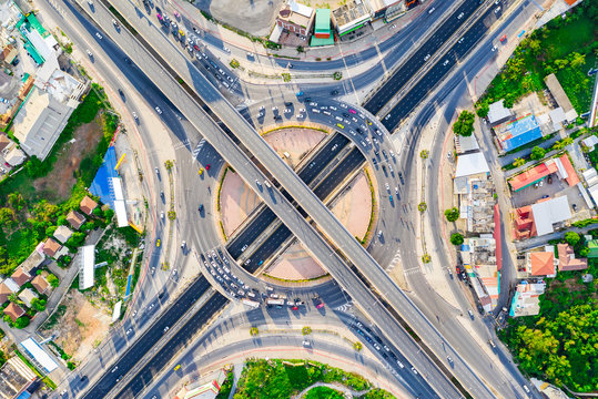 Aerial View Expressway Motorway Highway Circus Intersection At Day Time Top View , Road Traffic In City At Thailand