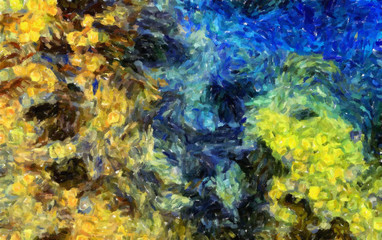 Naklejka premium Abstract impressionism background painting in Vincent Van Gogh style. Interior wall art decor print. Colorful creative texture with watercolor splashes and oil elements. Digital contemporary design.