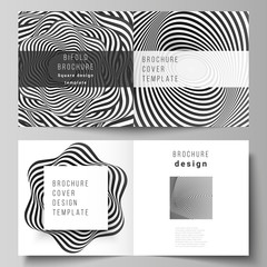 The vector layout of two covers templates for square design bifold brochure, magazine, flyer, booklet. Abstract 3D geometrical background with optical illusion black and white design pattern.