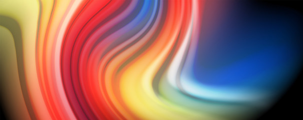 Abstract wave lines fluid rainbow style color stripes on black background. Artistic illustration for presentation, app wallpaper, banner or poster