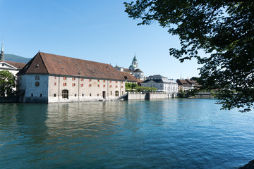 Fototapeta na wymiar city of Solothurn with the river Aare and the historic Landhaus Solothurn building in the foreground
