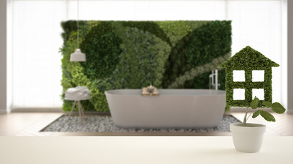 White table top or shelf with green plant in pot shaped like house, modern blurred bathroom with bathtub in the background, interior design, real estate, eco architecture concept idea