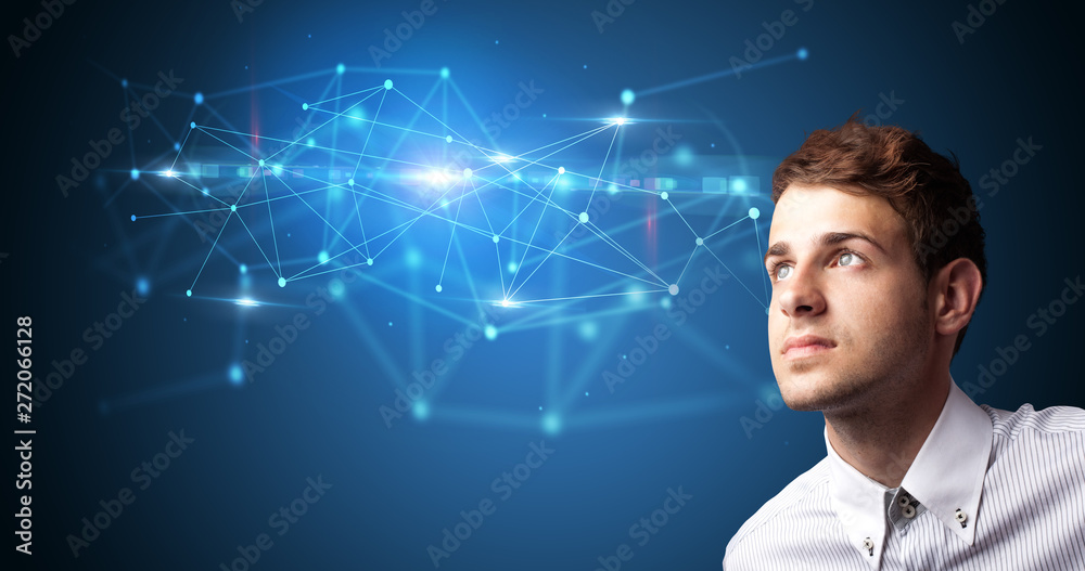Aufkleber Man touching hologram screen displaying modern web system
