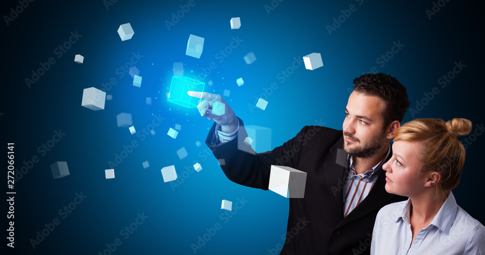 Poster man and woman touching hologram screen displaying cube symbols