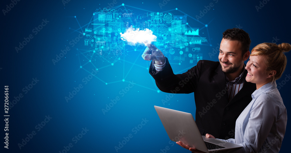 Poster Man and woman touching hologram projection displaying information from cloud based system
