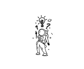 Astronaut Man looking at the question marks with light idea bulb, Cartoon Flat Line Art Vctor Illutration.