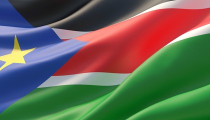 Waved highly detailed close-up flag of South Sudan. 3D illustration.