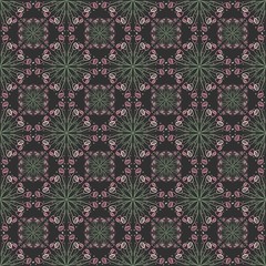 Seamless pattern with stylized roses and floral patterns on the dark gray background. Endless texture for design. Decorative seamless background for greeting cards, interior, cosmetics and textiles.