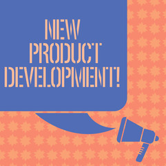 Writing note showing New Product Development. Business photo showcasing Process of bringing a new product to the marketplace Color Silhouette of Blank Square Speech Bubble and Megaphone photo