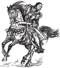 Medieval knight galloping his horse. Black and white graphic style vector illustration