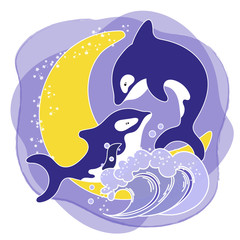 Fototapeta premium KILLER WHALE LOVE Cartoon Underwater Sea Ocean Cruise Travel Tropical Animal Vector Illustration Set for Print Fabric and Decoration