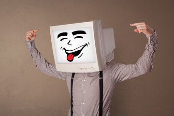 Young person with happy smiley monitor head
