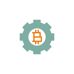 Obraz premium Gear wheel with bitcoin flat icon, vector sign, Bitcoin gear colorful pictogram isolated on white. Symbol, logo illustration. Flat style design