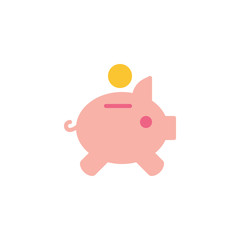 Piggy money box flat icon, vector sign, Piggy bank and coin colorful pictogram isolated on white. Financial investment symbol, logo illustration. Flat style design