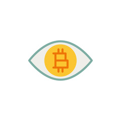 Bitcoin eye flat icon, vector sign, Cryptocurrency mining colorful pictogram isolated on white. Symbol, logo illustration. Flat style design
