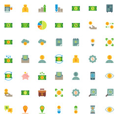 Banking and finance elements collection, flat icons set, Colorful symbols pack contains - Exchange dollar Bank, Bitcoin cryptocurrency Money bag, Safe box. Vector illustration. Flat style design