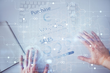 Man hands with data theme double exposure icons.