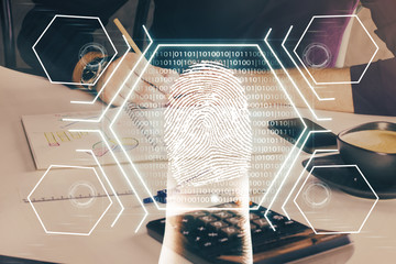 Concept of the future of security and password control through advanced technology. Fingerprint scan provides safe access with biometrics identification. Multi exposure.