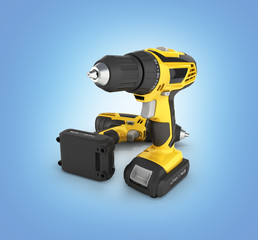 Obraz premium Cordless screwdriver with a drill isolated on blue gradient background 3d