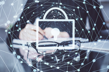 Multi exposure of woman's hands making notes with lock icon. Concept of security and protection of data