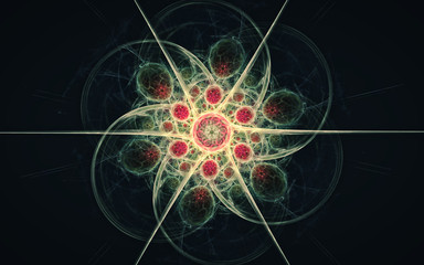 beautiful fantastic flower with six petals twisted in a spiral with an ornament inside of red circles with rays on a black background