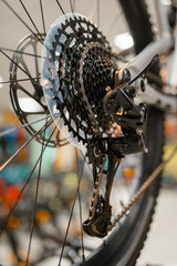 Fototapeta premium Mountain cycle in sports shop, focus on rear wheel