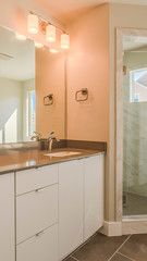 Panorama frame Modern bathroom interior with double sink vanity glass door shower and bathtub