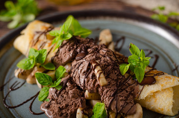 Decorated pancakes with chocolate ice cream