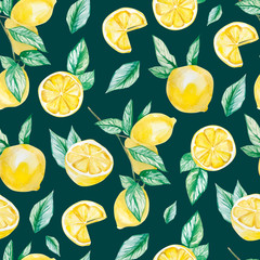 Watercolor fruit pattern lemon, summer print for the textile fabric, wallpaper, poster background - pattern on color background