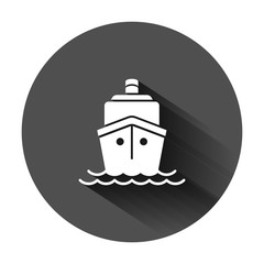 Ship cruise sign icon in flat style. Cargo boat vector illustration on black round background with long shadow. Vessel business concept.