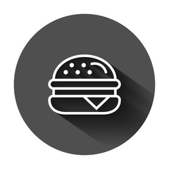 Burger sign icon in flat style. Hamburger vector illustration on black round background with long shadow. Cheeseburger business concept.