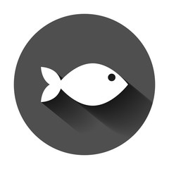 Fish sign icon in flat style. Goldfish vector illustration on black round background with long shadow. Seafood business concept.