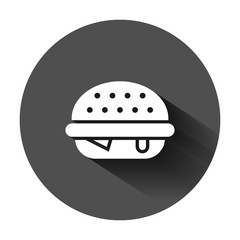 Burger sign icon in flat style. Hamburger vector illustration on black round background with long shadow. Cheeseburger business concept.