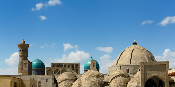 Panorama with the most important monuments in Bukhara, Uzbekistan.