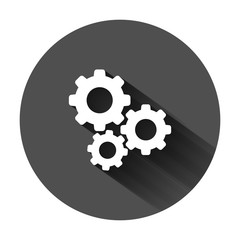 Gear vector icon in flat style. Cog wheel illustration on black round background with long shadow. Gearwheel cogwheel business concept.