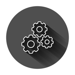 Gear vector icon in flat style. Cog wheel illustration on black round background with long shadow. Gearwheel cogwheel business concept.