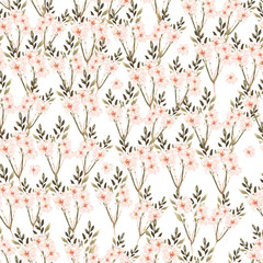 Beautiful Watercolor seamless pattern with roses flowers and herbs. 