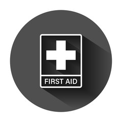 First aid sign icon in flat style. Health, help and medical vector illustration on black round background with long shadow. Hospital business concept.