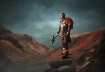 Handsome viking with axe on the top of mountain