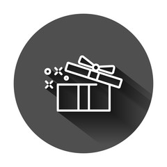 Gift box icon in flat style. Magic case vector illustration on black round background with long shadow. Present business concept.