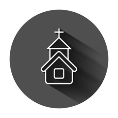 Church icon in flat style. Chapel vector illustration on black round background with long shadow. Religious building business concept.