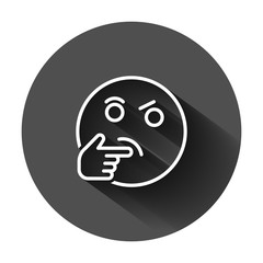 Thinking face icon in flat style. Smile emoticon vector illustration on black round background with long shadow. Character business concept.
