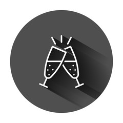 Сhampagne glass icon in flat style. Alcohol drink vector illustration on black round background with long shadow. Cocktail business concept.