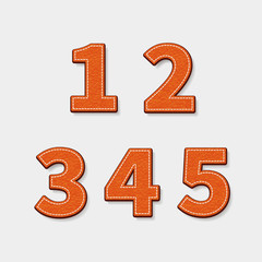 Stitching leather numbers set, leather texture tags vector illustration
