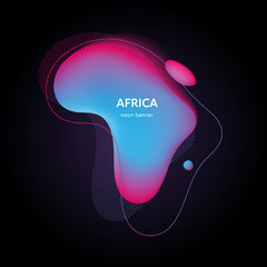Trendy geometric liquid 3d neon banner. Colorful blue to pink bright gradient fliud splashes and elements on black background. Earth geography continents inspired concept. Africa text. © tasty_cat