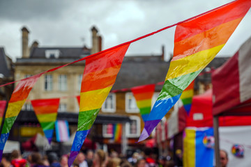 LGBT flags on main stage of Pride Festival Weekend in Love Northampton Market Square UK