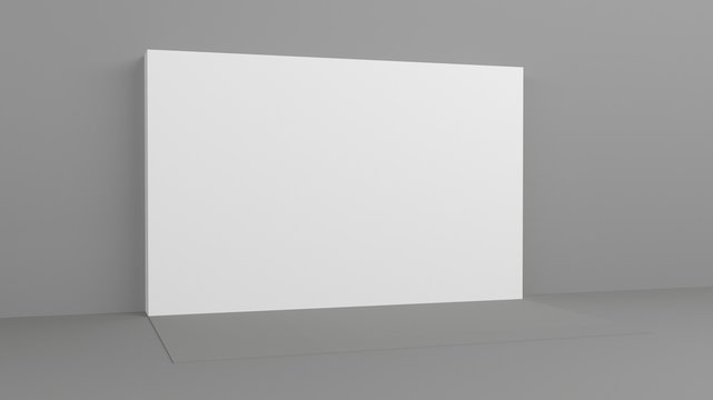 White backdrop 3x5 meters in room with grey paint on wall. 3d render mockup. Template