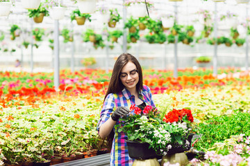 Beautiful young smiling girl in glasses, worker with flowers in greenhouse. Concept work in the greenhouse. Copy space