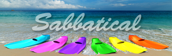 romantic tropical beach and ocean with multicolored diving fins in the summer sun